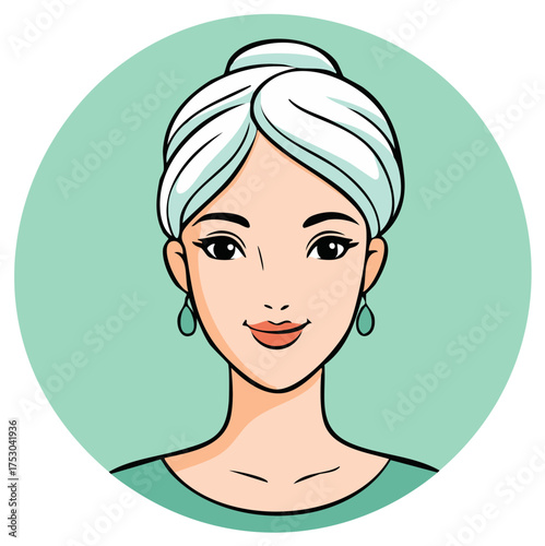 Stylish woman with updo hairstyle and teardrop earrings in a circular frame.