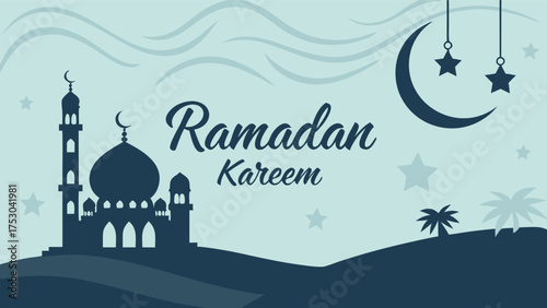Ramadan Kareem greeting with mosque silhouette, crescent moon, and stars, evoking spiritual celebration and tradition