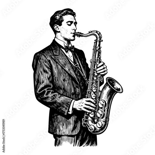 Gentleman Playing Saxophone Jazz Engraving Vector Illustration