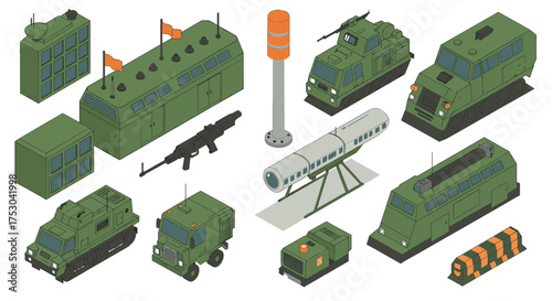 Isometric military vehicles set with missiles and radar equipment