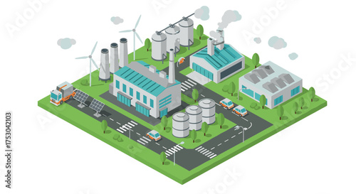 Sustainable factory complex with wind turbines in isometric design