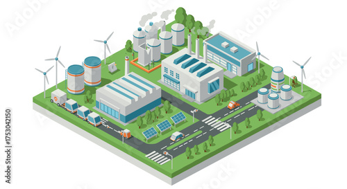 Modern sustainable industrial park with renewable energy sources and greenery