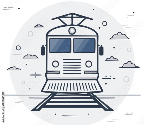 Cartoon train illustration featuring railway tracks, clouds and a modern electric engine. Vector graphics style suitable for backgrounds.