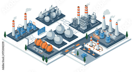 Isometric industrial plant with pipelines and storage tanks in detailed layout