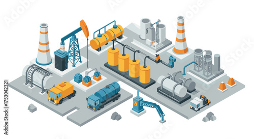 Isometric industrial complex with oil refinery and factory equipment