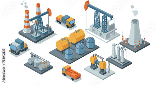 Isometric industrial equipment: oil pumps, tanks, and trucks in a factory setup