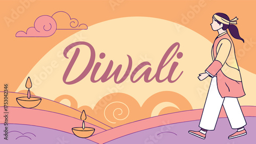 Vibrant Diwali celebration with traditional lamps and a woman walking, evoking joy and festivity