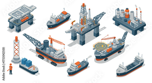 Isometric maritime industry set featuring ships, platforms, and docks