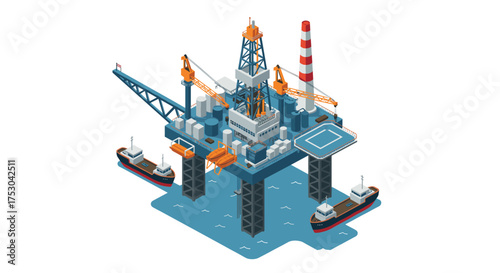 Isometric offshore oil platform with supply ships and helipad