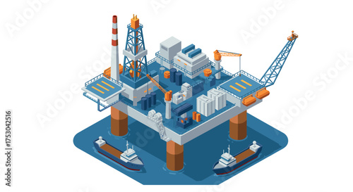 Offshore oil rig isometric design with ships and industrial equipment on ocean platform