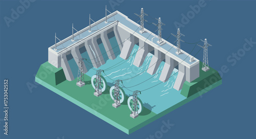 Isometric hydroelectric dam with turbines and power lines on blue background