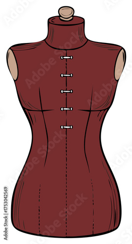 Vintage dressmaker mannequin wearing a traditional maroon garment with frog closures