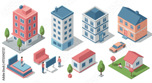 Isometric urban buildings and homes with people and cars in soft colors
