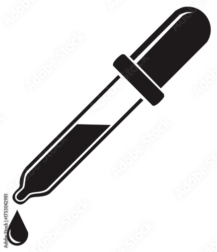 Black and white vector illustration of a pipette with a single drop of liquid falling down for use in science or medicine