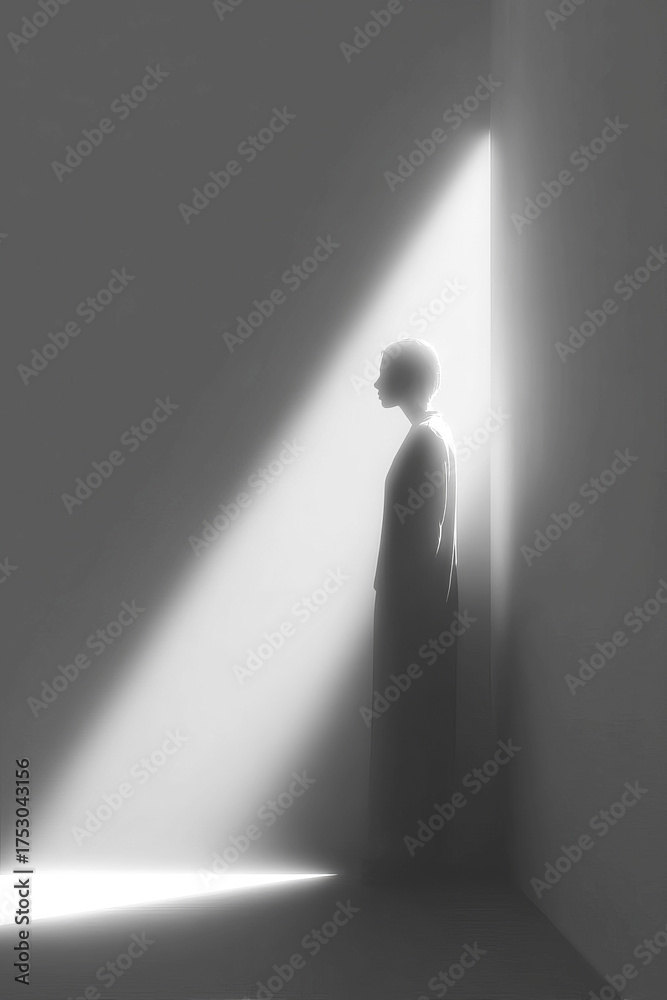 Obraz premium Silhouette figure in dark corner bathed in light, minimalist and mysterious