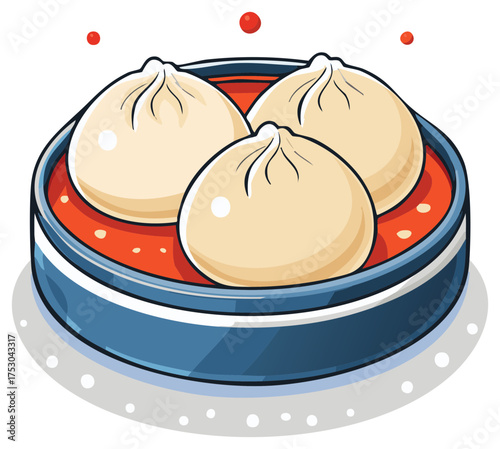 Steamed Dumplings in a Serving Basket, Asian Food Vector Illustration