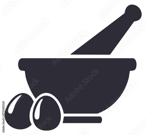 Mortar and Pestle with Eggs, Cooking Icon, Food Preparation, Kitchen Utensils Silhouette
