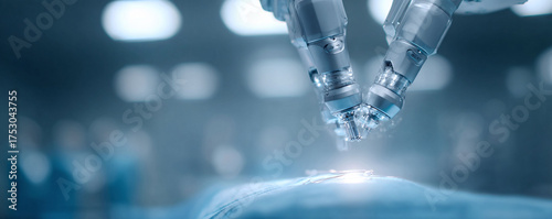 Hightech surgical robot arms performing operation with precision. Symbolizes medical innovation, technology, future healthcare, and advancement. Futuristic and clean.