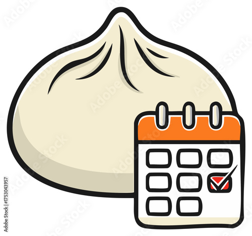 Cartoon depiction of a steamed bun with a calendar icon, food concept.