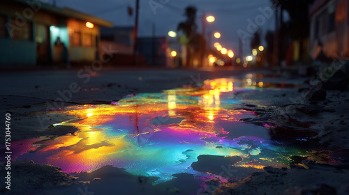 Colorful city lights reflect in a puddle on the asphalt at night after rain.
