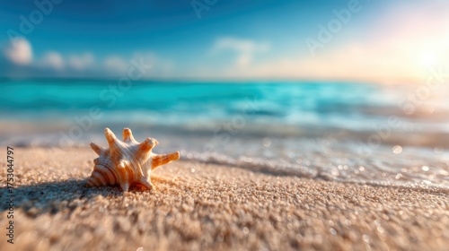 A beautifully detailed seashell resting on a golden sandy beach captures the serene essence of nature, framed by the soft waves of the ocean and a bright, inviting sky.