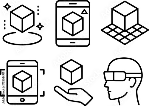 3d modeling in augmented reality line icon set
