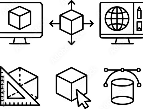 3d modeling and cad design tools vector icon set
