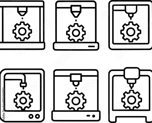 3d printer printing gear line icon set
