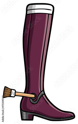Creative cartoon illustration of a tall equestrian riding boot with a brush spur