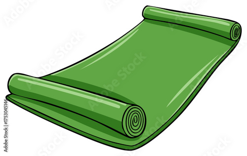 Partially unrolled green mat for yoga exercise and fitness cartoon illustration