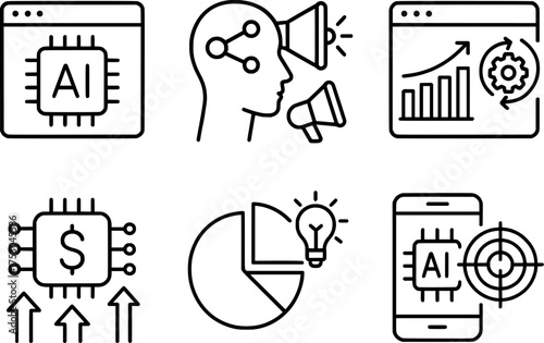 ai powered digital marketing analytics line icon set