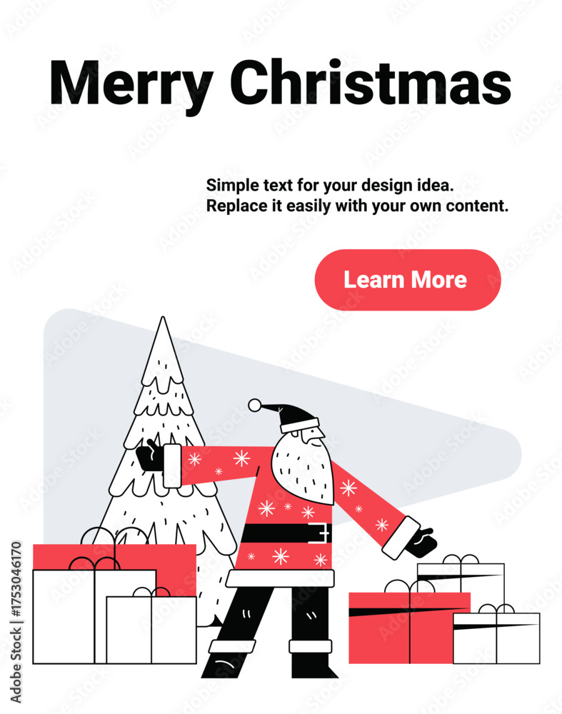 Obraz premium Santa Merry Christmas celebration gifts tree modern flat style red white black minimalist holiday scene website banner