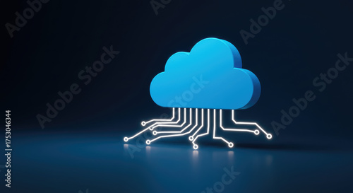 Blue cloud connected to circuit board on a dark background, technology concept
