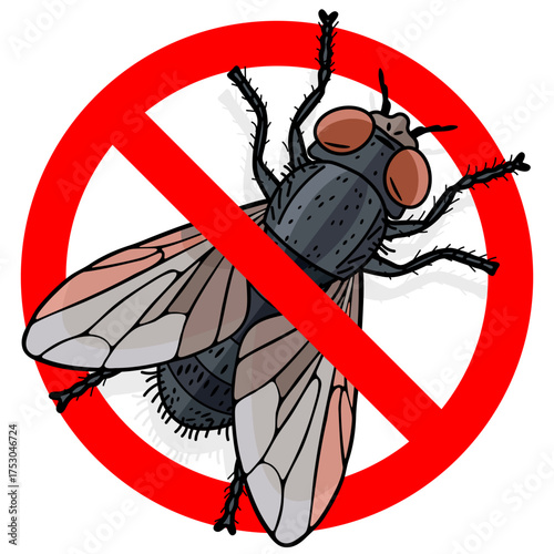 Forbidden sign: insect fly crossed out with a red line. Pest repellent control, insect extermination, or hygiene warning illustration. For labeling repellent, insecticides