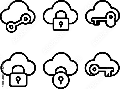 Cloud storage encryption key security icon set