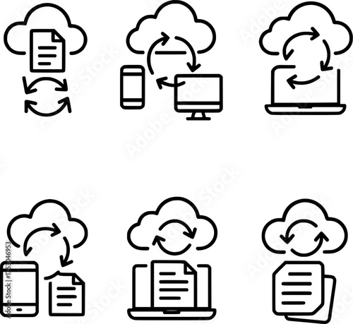 cloud syncing documents between devices vector icon set