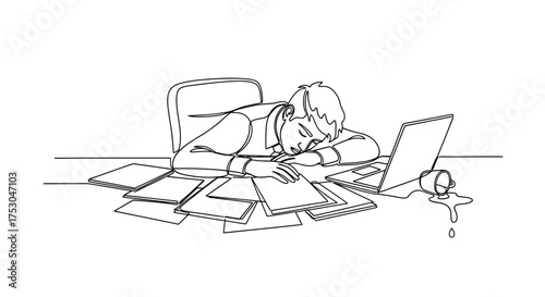 Overworked employee exhausted at desk, head resting on papers with spilled coffee nearby.