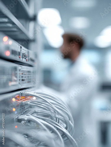 Data center detail with technician in the background. Represents complex systems, connectivity, and innovation. Perfect for IT, technology, and research themes.