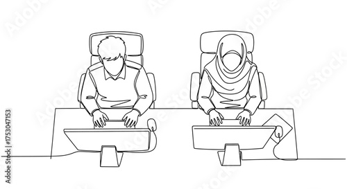 Diverse colleagues focused on computer screens at adjacent desks, working together or independently.