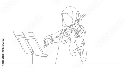 Focused woman in hijab playing violin with sheet music