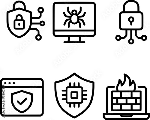 cyber defense security protocol line icon set