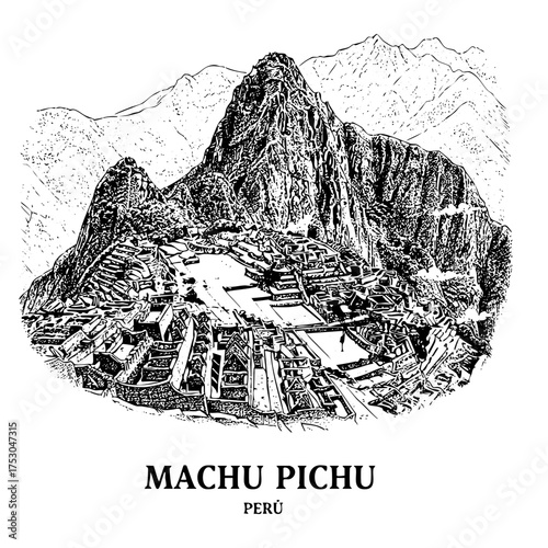 Machu Picchu Peru Landscape Engraving Vector Illustration