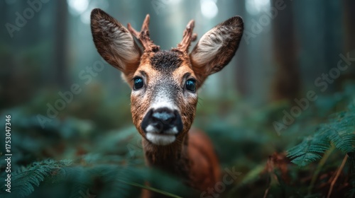 A young deer peers through the trees in a misty forest, showcasing the beauty of wildlife and the innocence of nature in a serene and tranquil environment.