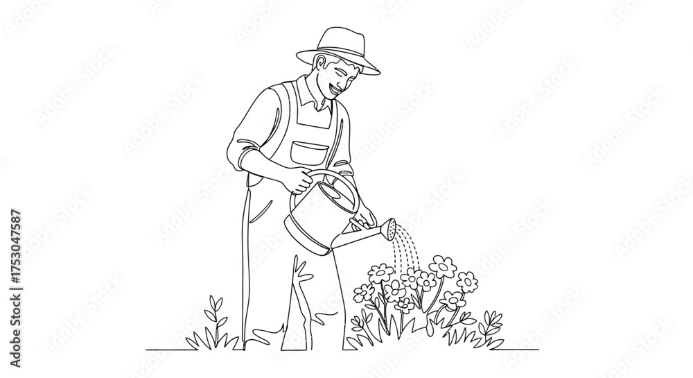 Fototapeta premium Farmer watering blooming flowers in a garden with a watering can, one person engaged in outdoor horticulture.