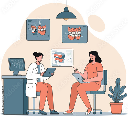 Dentist and patient discussing dental prosthetics using digital tablet in modern clinic