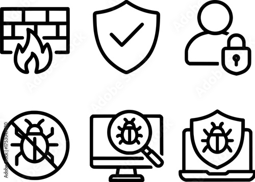 cybersecurity malware protection and antivirus scan icon set