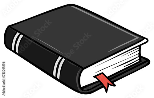 Classic black hardcover book with a red bookmark illustration