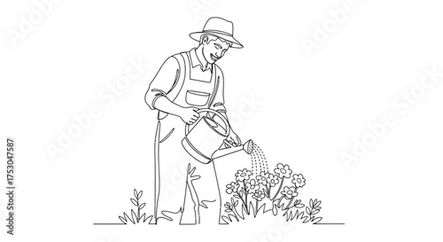 Farmer watering blooming flowers in a garden with a watering can, one person engaged in outdoor horticulture.