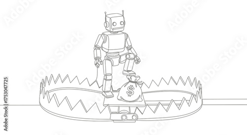 Robot precariously balanced on a money bag inside a bear trap, symbolizing financial risk.