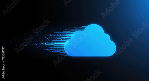 A light blue cloud with digital lines on a black background technology theme